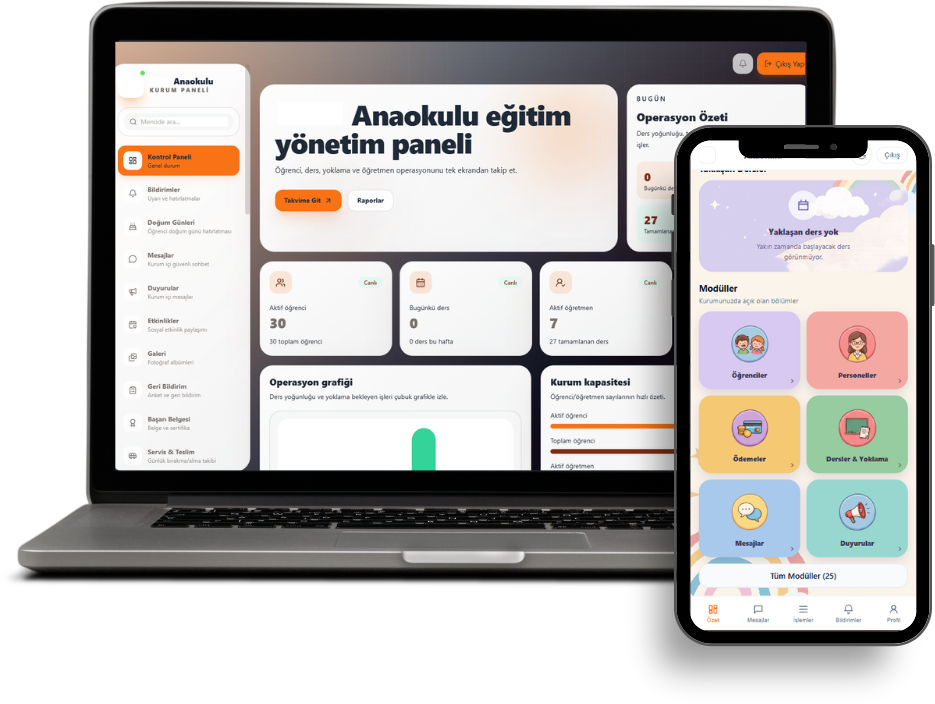 Kurum.io anaokulu ve kreş yönetimi için web ve mobil ürün ekranları